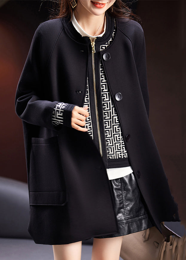 Black Button Pockets Cotton Coats Long Sleeve