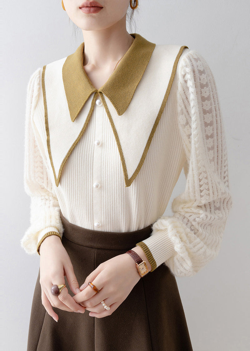 Diy Beige Double-layer Nail Bead Knit Sweater Winter