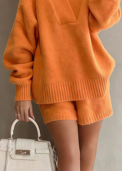 Orange Oversized Warm Knit Sweaters and Shorts Two Piece Set Spring