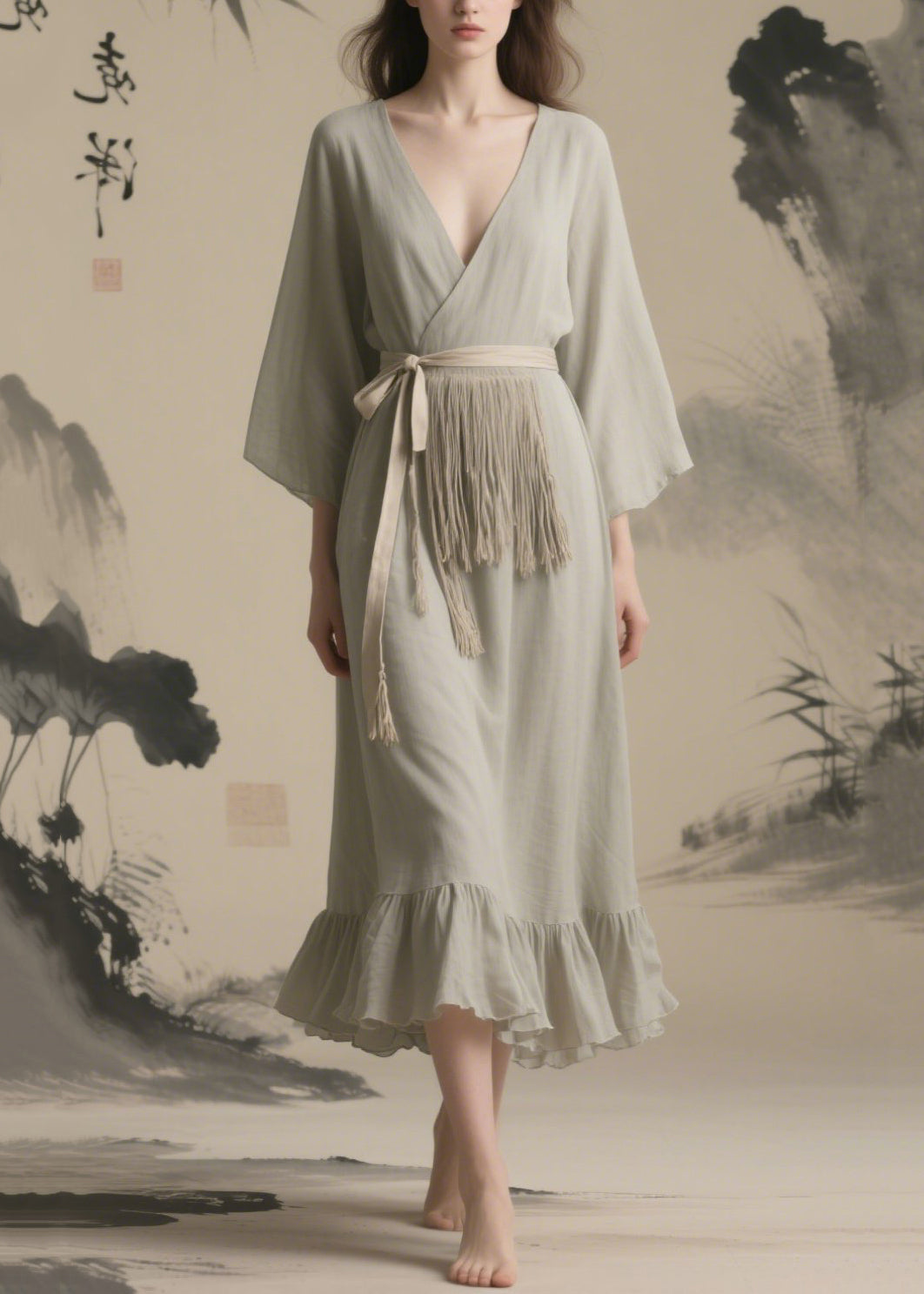 Grey Tasseled Chiffon Tunic Dresses Summer
