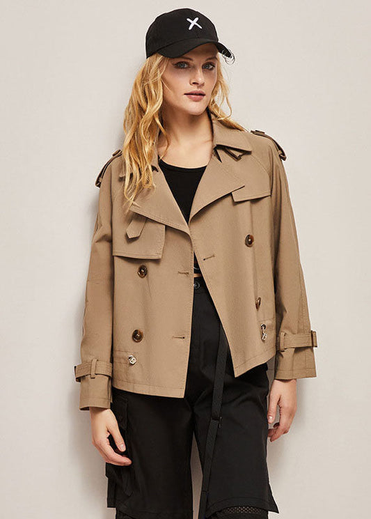 Khaki Peter Pan Collar Double Breast Cotton Short Coat Fall