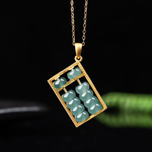 Buddha Stones Natural Jade Abacus Pattern Abundance Titanium Steel Chain Necklace Pendant