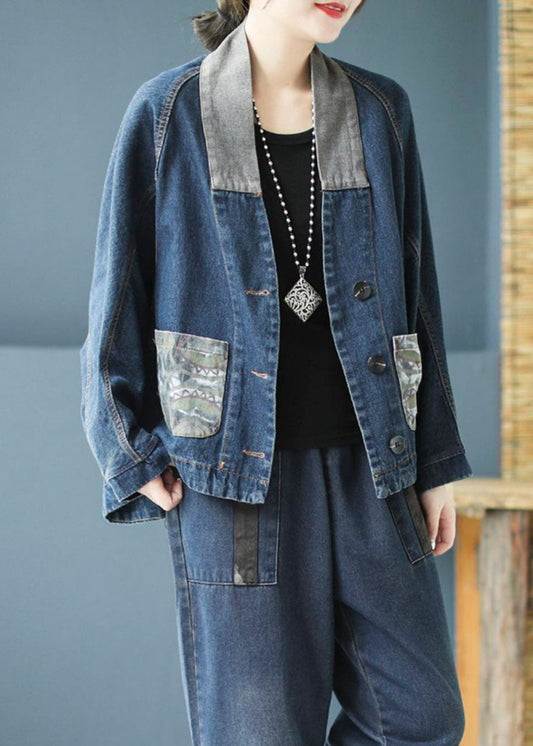 Blue Pockets Button Patchwork Print Fall Denim Long Sleeve Coat