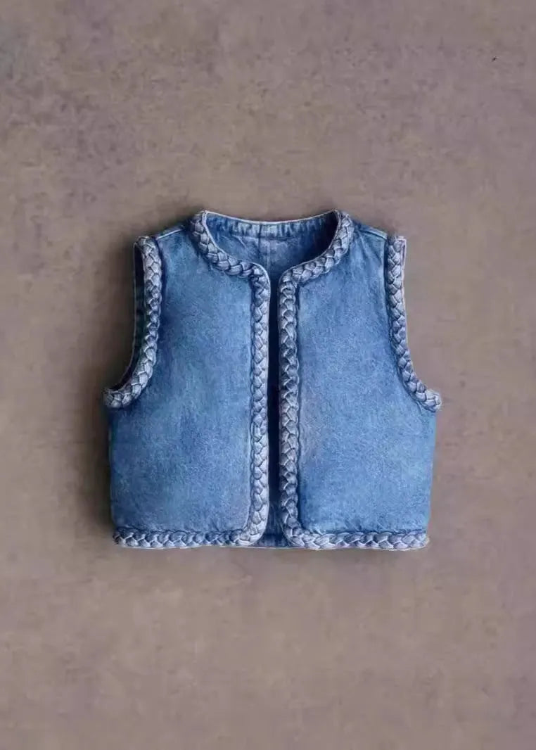 Blue O Neck Fine Cotton Filled Denim Vest Sleeveless