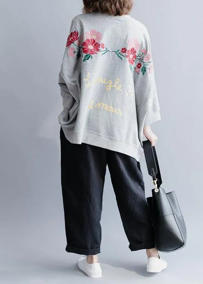 Grey Loose Batwing Sleeve Print Fall Sweatshirt Street Wear