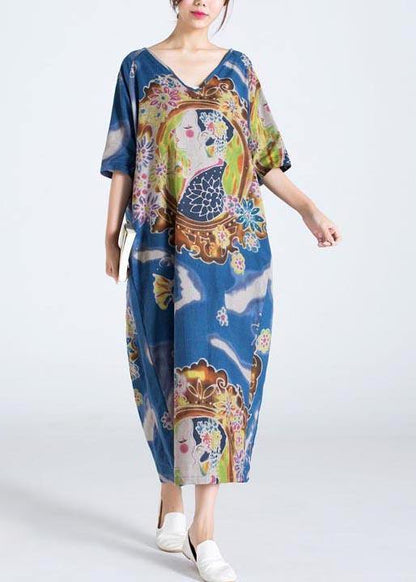 Blue Character Print Clothes O Neck Long Summer Dress