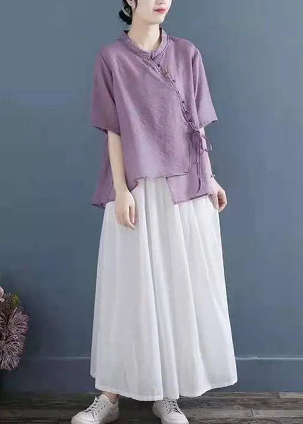 Purple Patchwork Shirt Top Chinese Style Button Half Sleeve