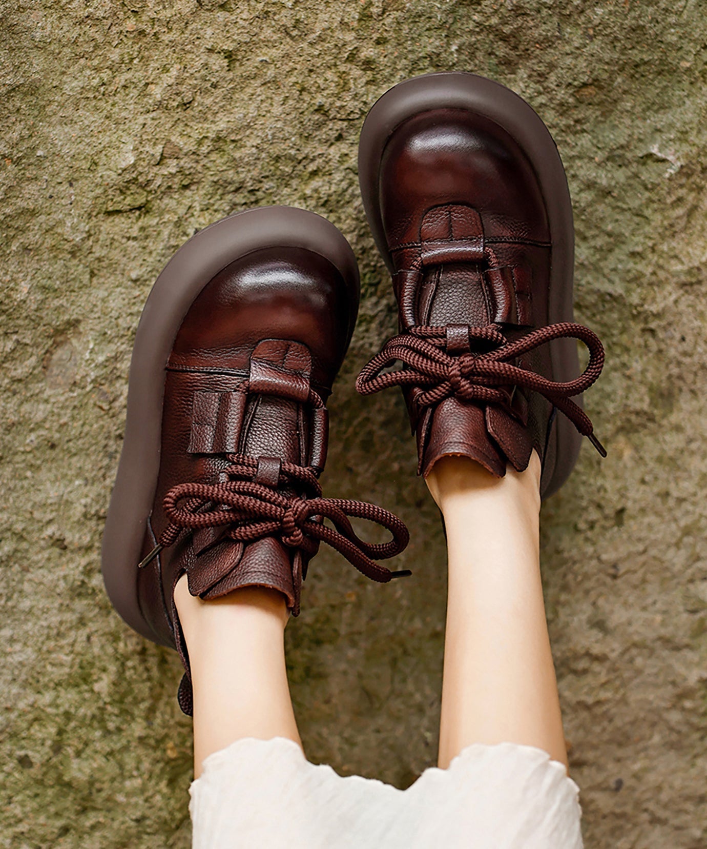 Coffee Platform Cowhide Leather Splicing Boots Lace Up