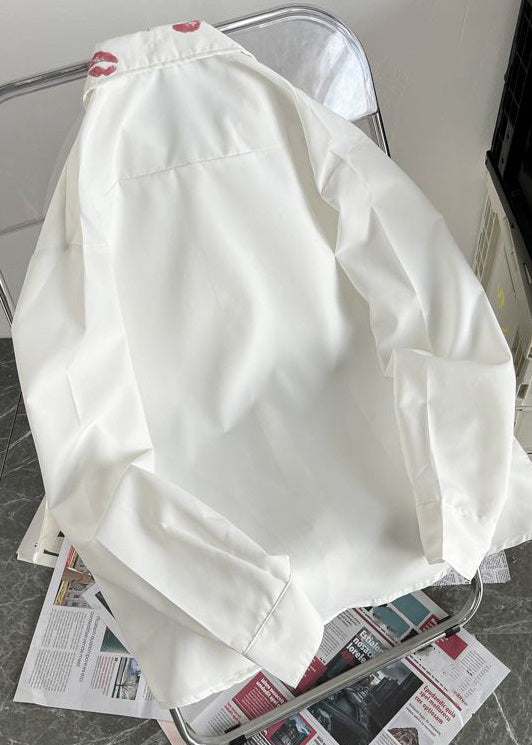 White Peter Pan Collar Print Cotton Tops Long Sleeve