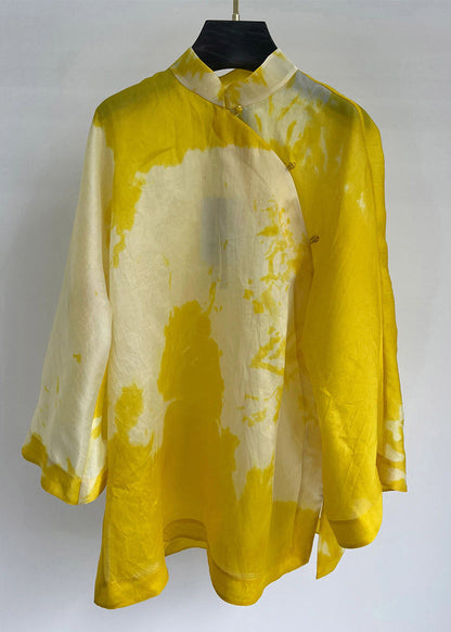 Yellow Stand Collar Button Cotton Shirt Long Sleeve
