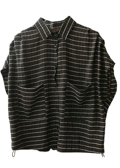 Black Peter Pan Collar Striped Pockets Drawstring Blouse Top Short Sleeve