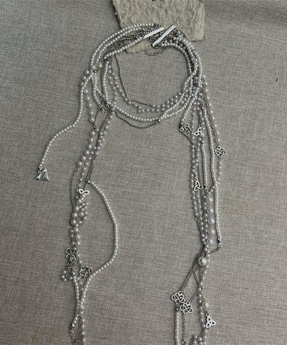 Simple White Metal Pearl Tassel Multilayer Gratuated Bead Necklace