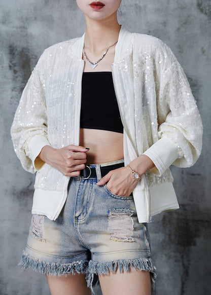 Beige Sequins Pockets Cotton Jackets Summer