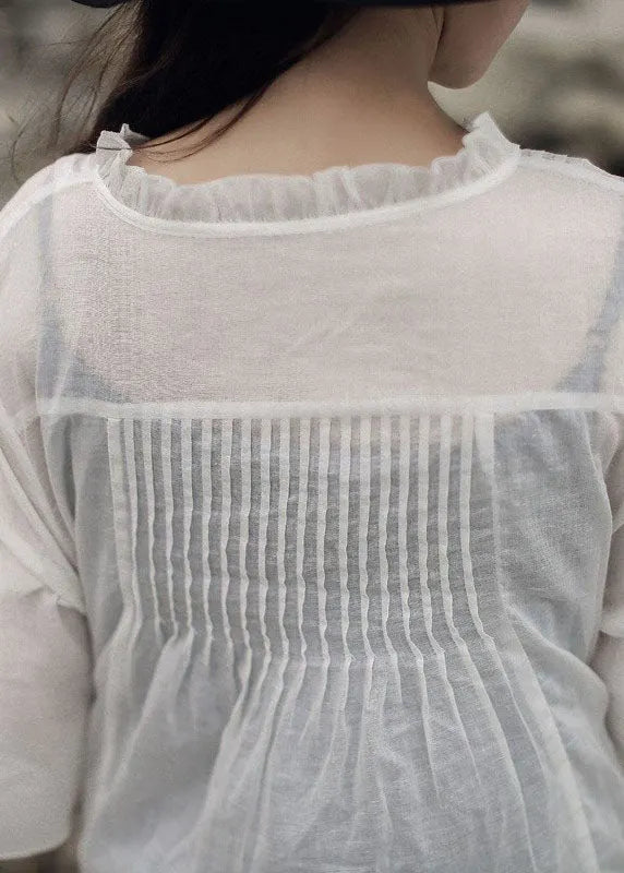 Art White Ruffled Cotton Shirt Tops Three Quarter Sleeve
