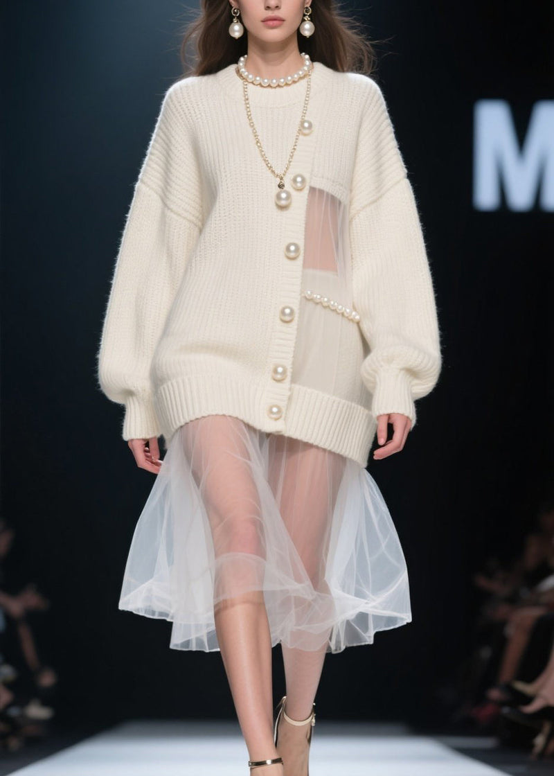 New Beige Nail Bead Tulle Patchwork Knit Sweaters Dress Fall