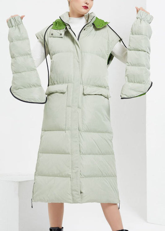 Classy Light Green Zippered Tie Waist Patchwork Duck Down Coats Winter