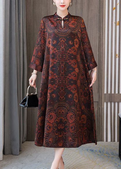 Dark Brown Print Mandarin Collar Silk a Line Dress Spring