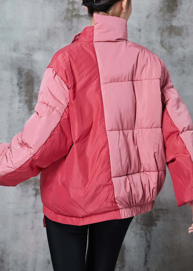 Pink Asymmetrical Patchwork Lace Up Fine Cotton Filled Parka Jacket Winter