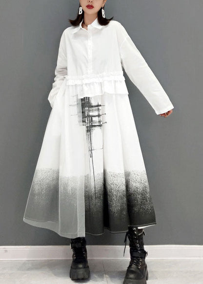 Loose White Peter Pan Collar Print Shirt Dresses Spring