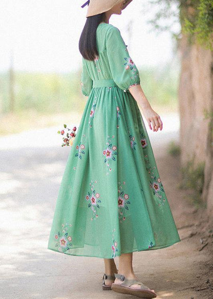 Diy V Neck Tie Waist Summer Quilting Dresses Wardrobes Green Print Long Dress