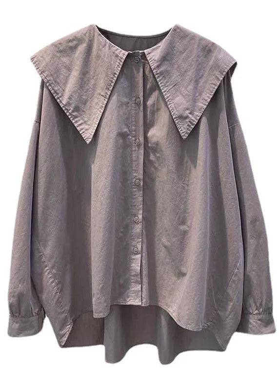 Purple Pink Peter Pan Collar Button Asymmetrical Design Fall Long Sleeve Top
