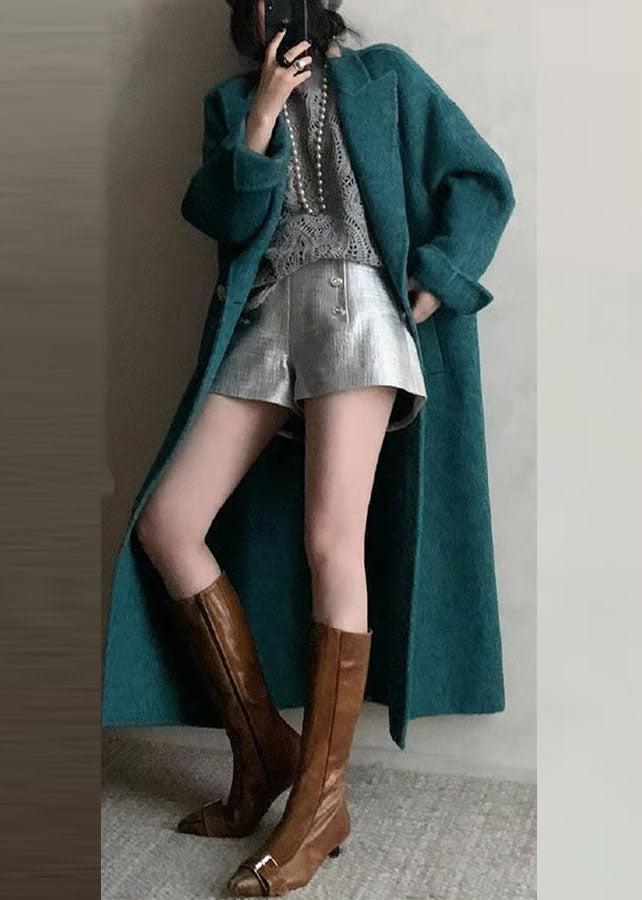 Peacock Blue Notched Pockets Woolen Maxi Coats Long Sleeve