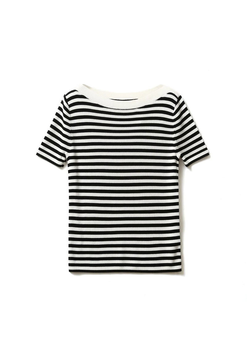 Black Striped O-neck Silk Knit T Shirts Sleeve