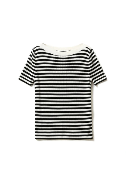 Black Striped O-neck Silk Knit T Shirts Sleeve