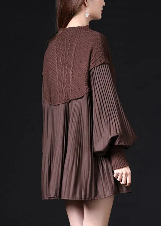 Simple Chocolate Ruffled Knit Knitted Tops Lantern Sleeve