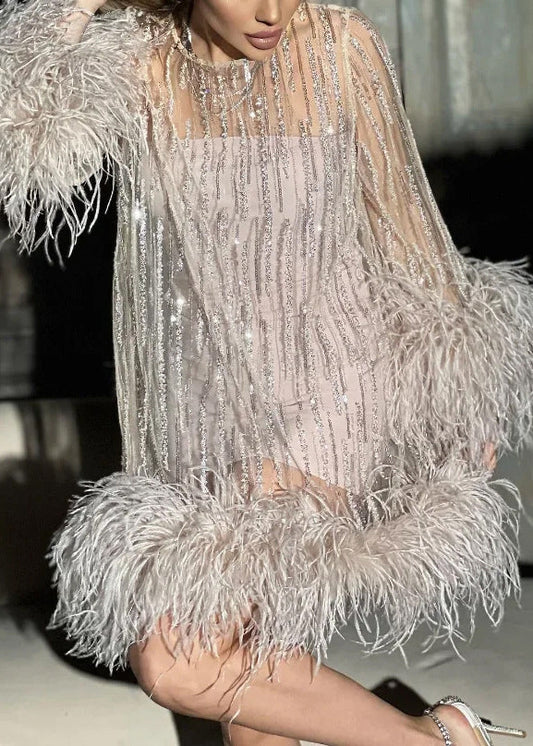 Light Pink Fluffy Sequins Patchwork Tulle Mid Dress Spring