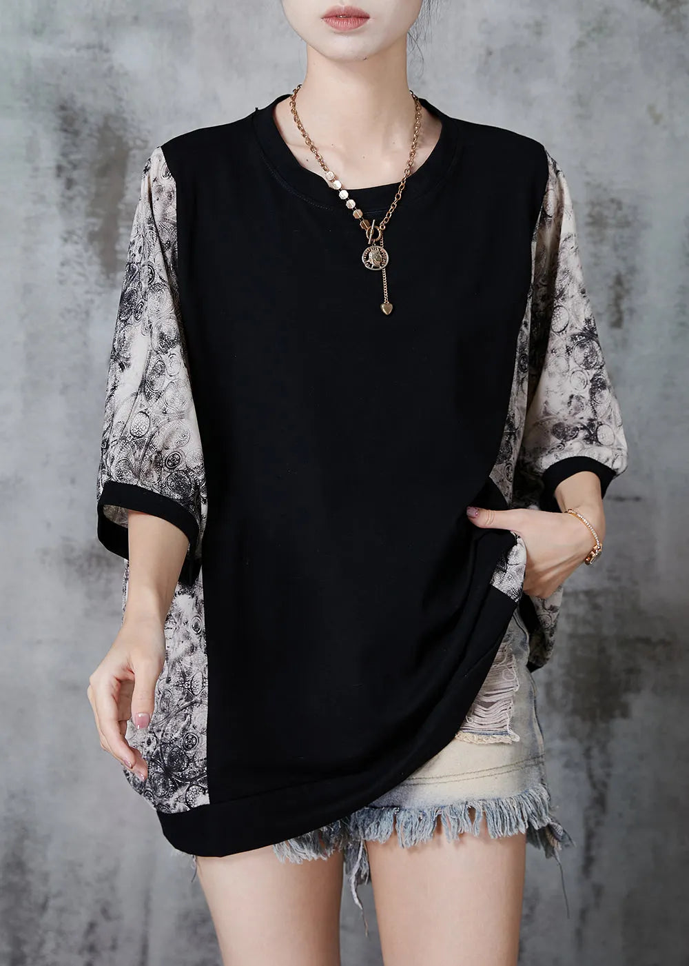 Black Oversized Patchwork Cotton Tanks Summer
