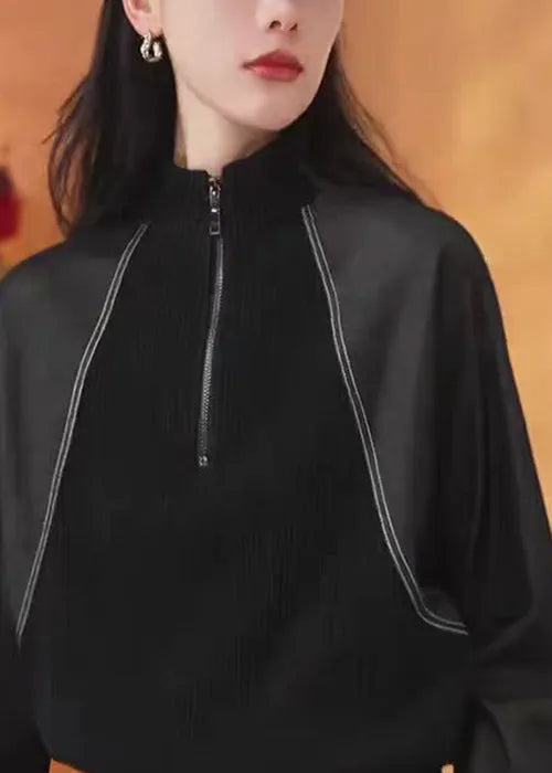 New Black Zip Up Patchwork Cotton Sweatshirts Top Fall