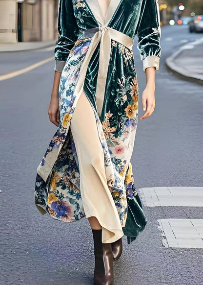 Peacock Green Cinched Print Side Open Silk Velour Dresses Spring