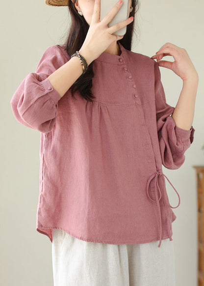 Linen Stand Collar Lace Up Cotton Shirt Top Spring