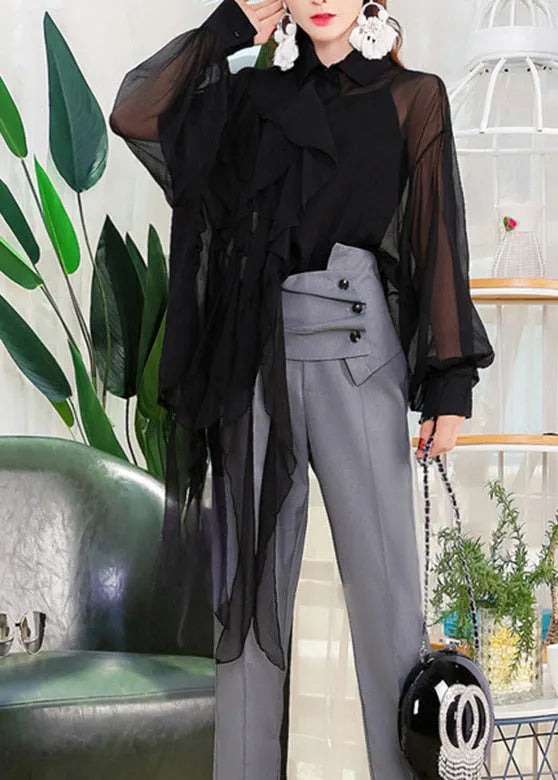 Yellow Peter Pan Collar Asymmetrical Button Chiffon Shirts Lantern Sleeve