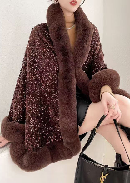 Coffee V Neck Sequins Patchwork Warm Fleece Coat Batwing Sleeve