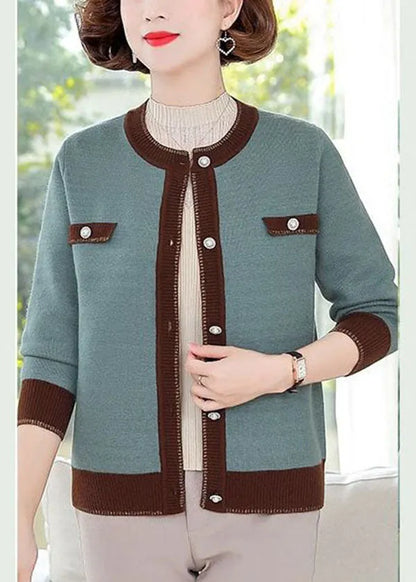 Stylish Orange O-neck Patchwork Pearl Button Knit Jackets Long Sleeve