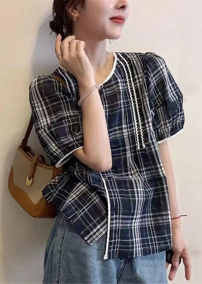 Art Navy Plaid Button Cotton Shirt Summer