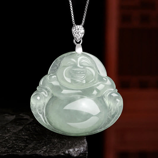 Buddha Stones Natural Jade Laughing Buddha Prosperity Abundance Titanium Steel Chain Necklace Pendant