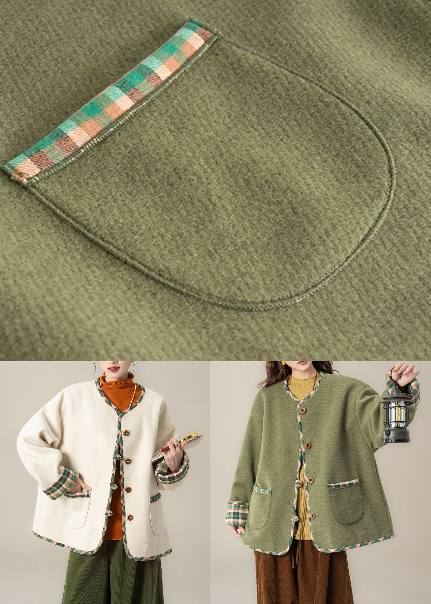 Apricot Pockets Patchwork Oversized Woolen Coats O Neck