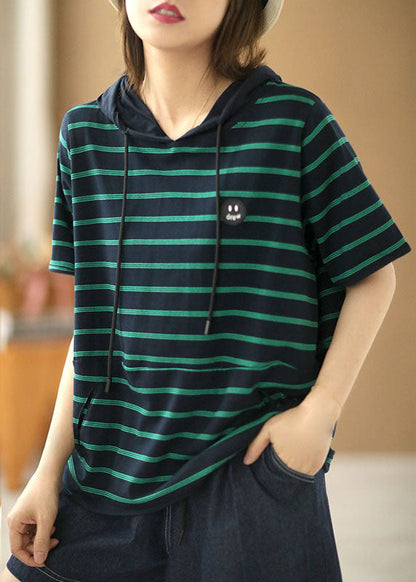 Navy Striped Drawstring Hooded Cotton Pullover Short Sleeve
