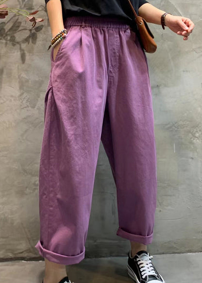 Modern Purple Elastic Waist Pockets Cotton Harem Pants Spring