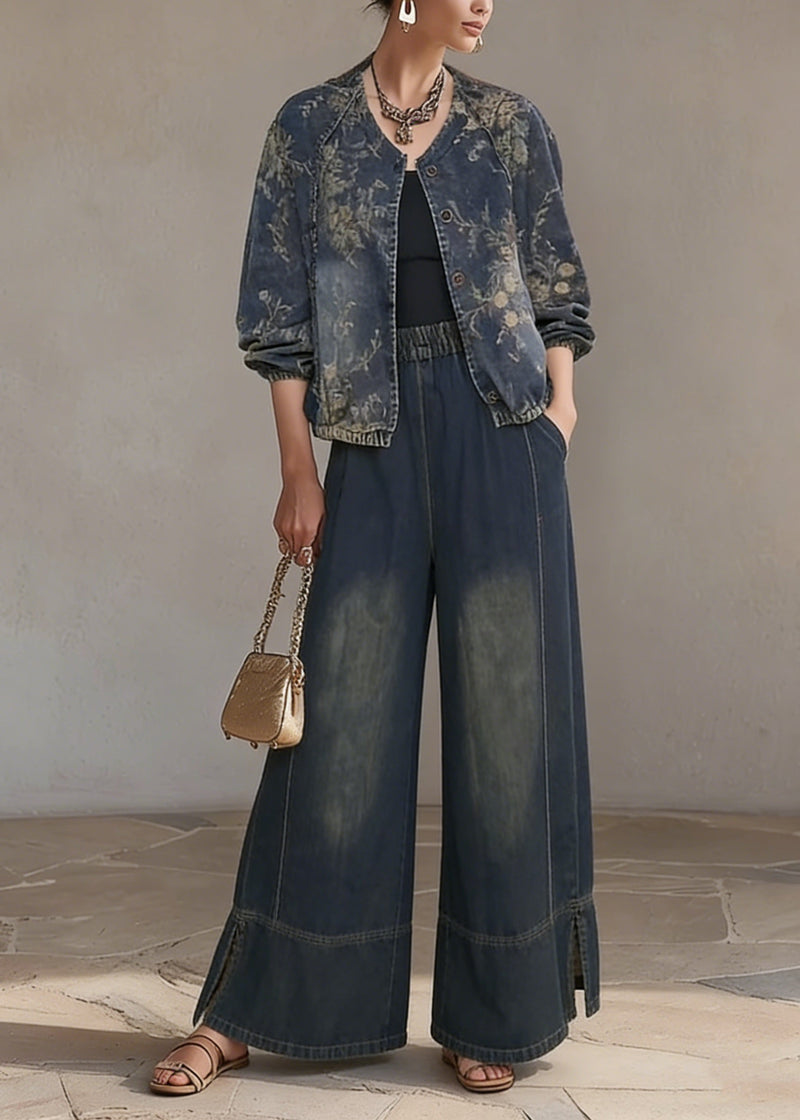 O Neck Print Denim Two Piece Set Outfits Spring