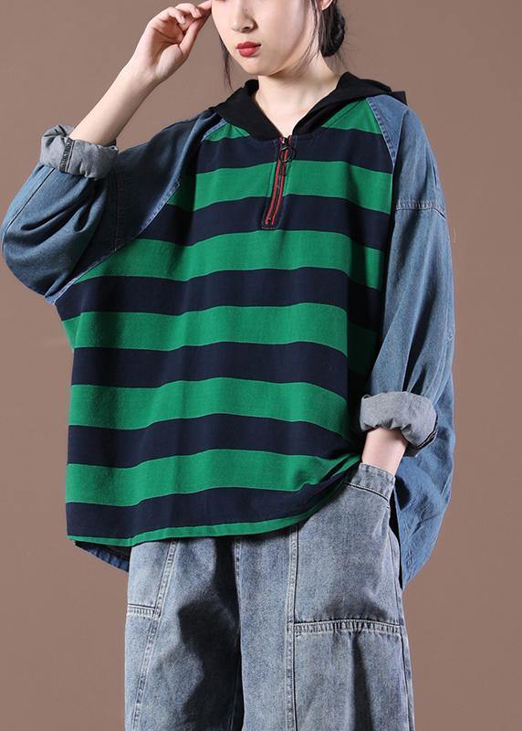 Hooded Sring Shirts Green Striped Tops