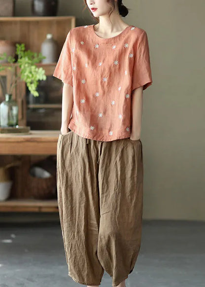 Orange Embroideried Linen Blouses Top Short Sleeve