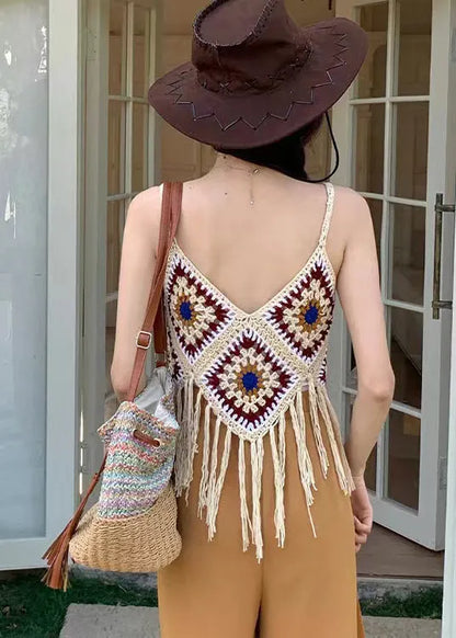 Apricot Hollow Out Tasseled Strap Tank Summer