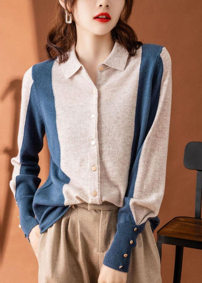 Colorblock Peter Pan Collar Patchwork Cashmere Cardigans Spring