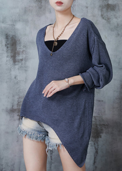 Grey V Neck Asymmetrical Design Knit Sweaters Fall