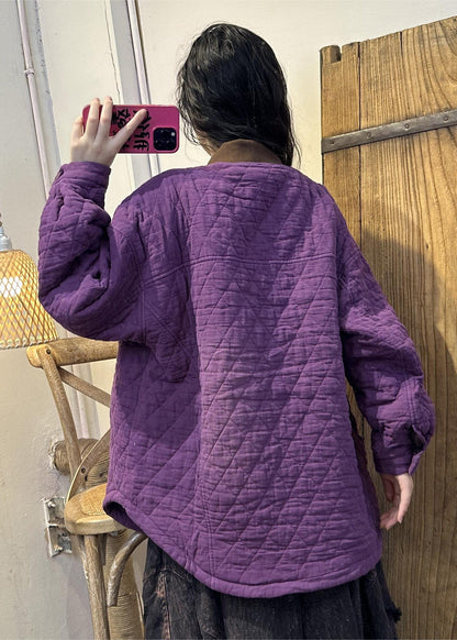Loose Purple Pockets Button Fine Cotton Filled Coats Winter