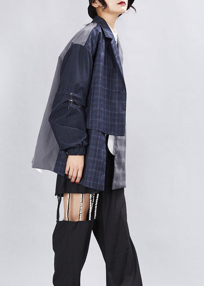 Simple Grey Patchwork Plaid Asymmetrical Design Fall Coats Long Sleeve